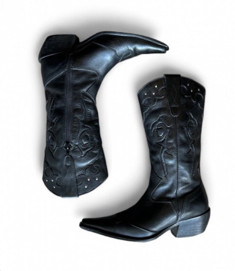 Vintage JK Boots Black Leather Women’s 7 Silver Studs Brazil Made Western Cowboy
